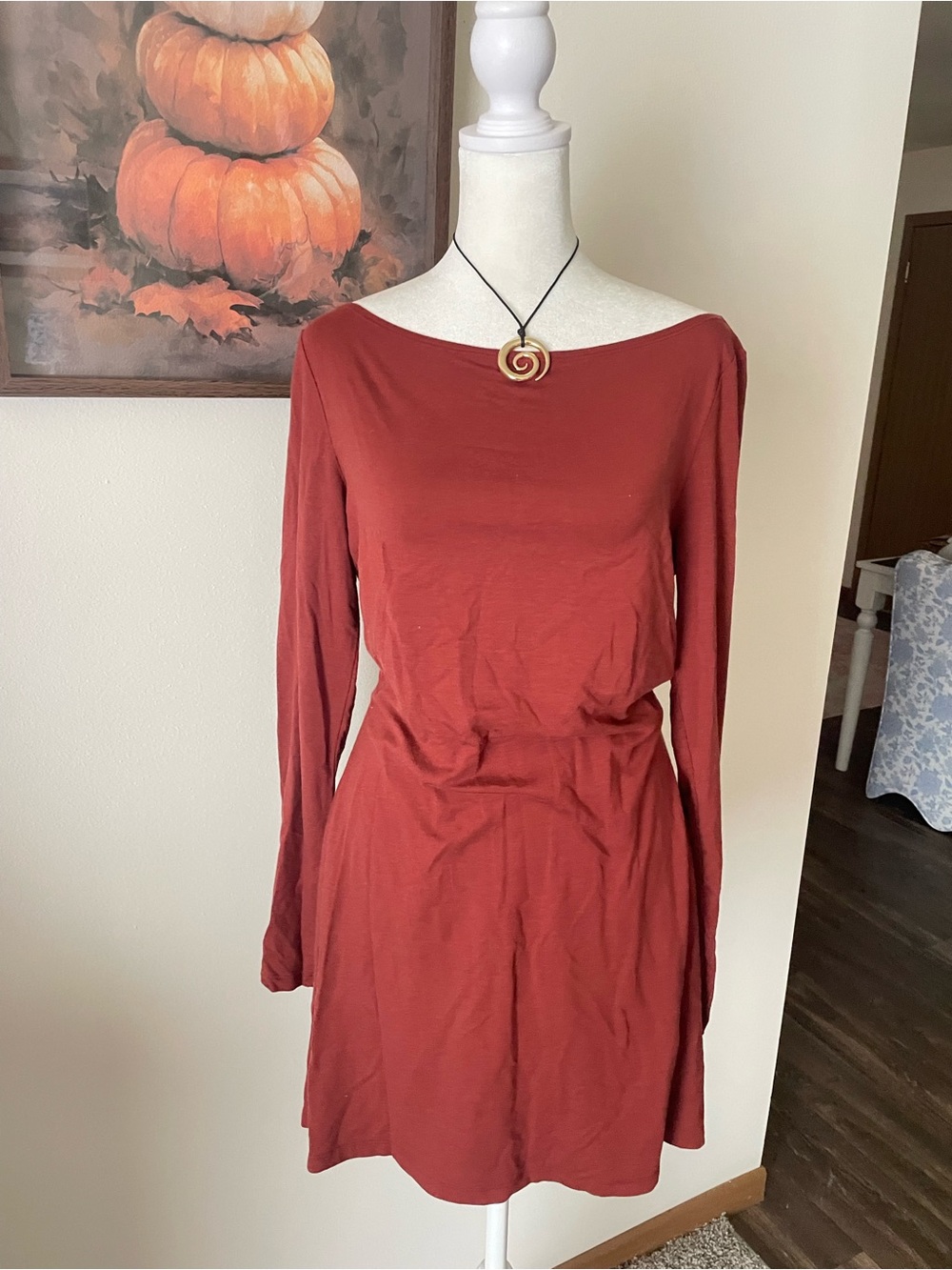 Reformation Terracotta Rust Long Sleeve Boatneck Mini Dress Medium
